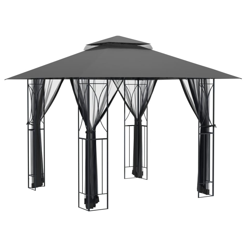 Steel Gazebo with Mesh Sidewalls Double-Tiered Roof V7059