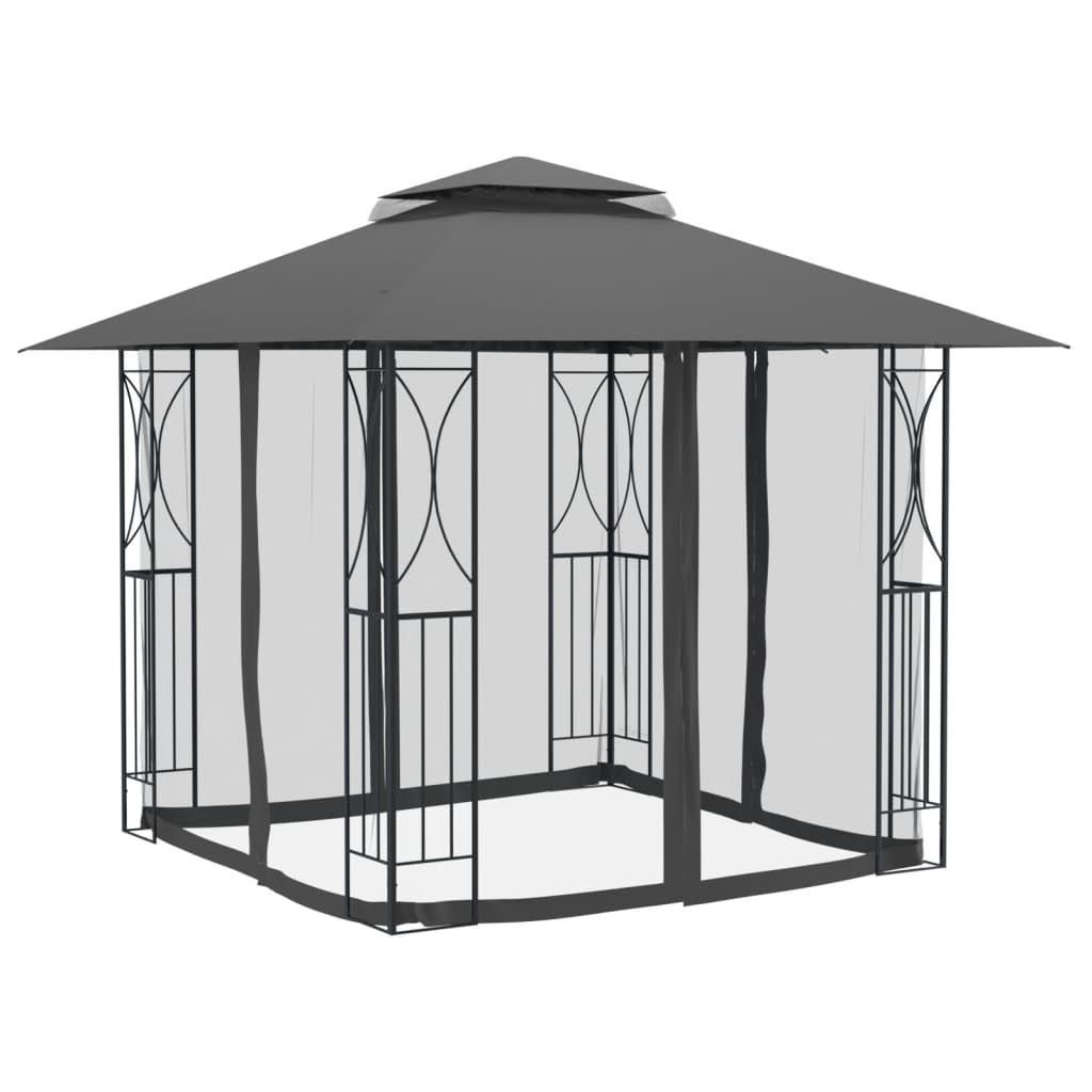 Steel Gazebo with Mesh Sidewalls Double-Tiered Roof V7059