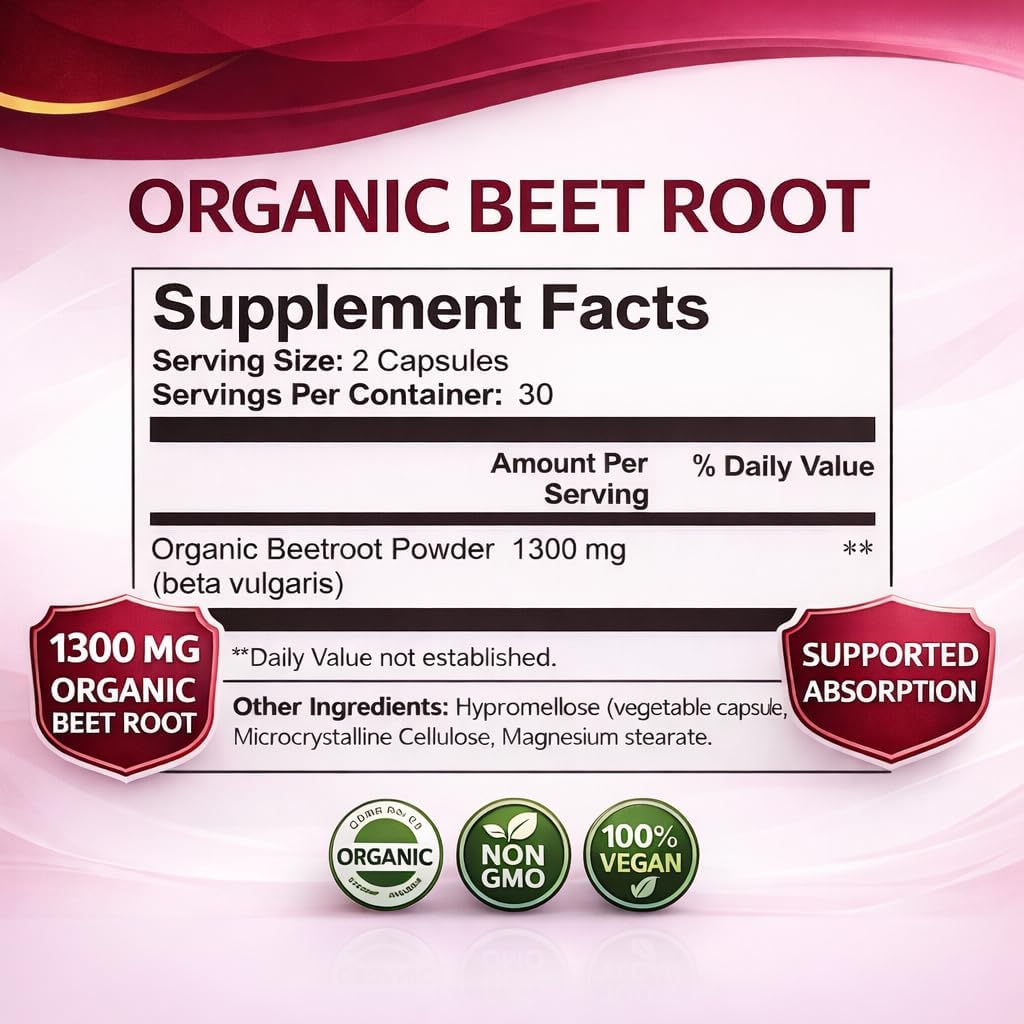 Organic Beet Root Capsules, 1300mg - 60 Capsules Q790