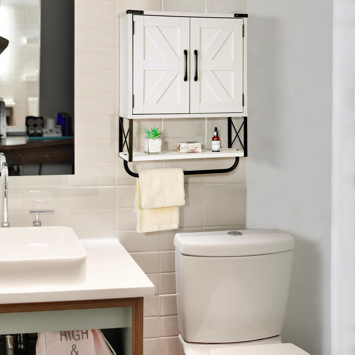 Medicine Cabinet with 2 Barn Door & Towel Bar Rack U727