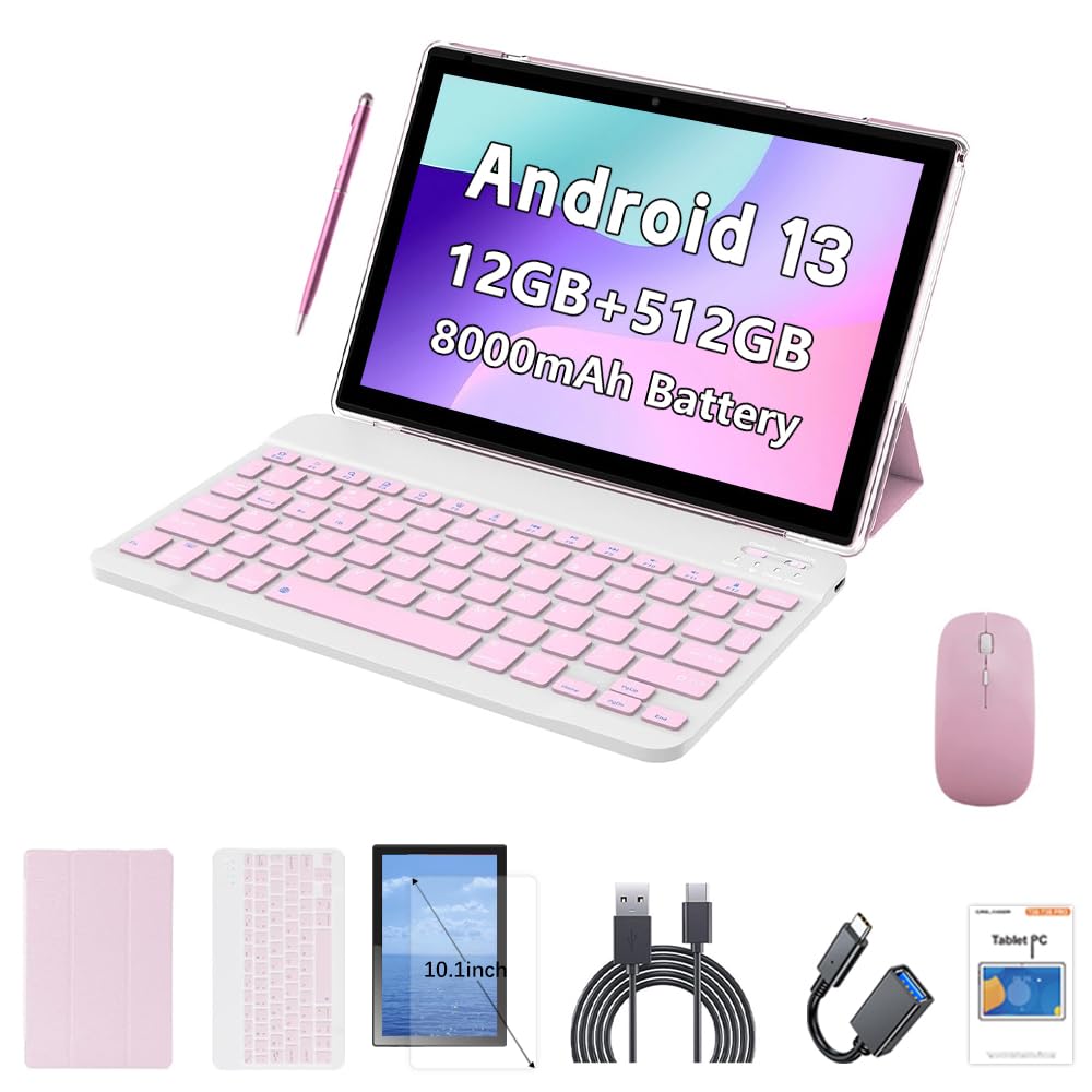 10.1 Inch Android 13 Tablet with SIM Card Slot, 12GB+512GB, Pink H877