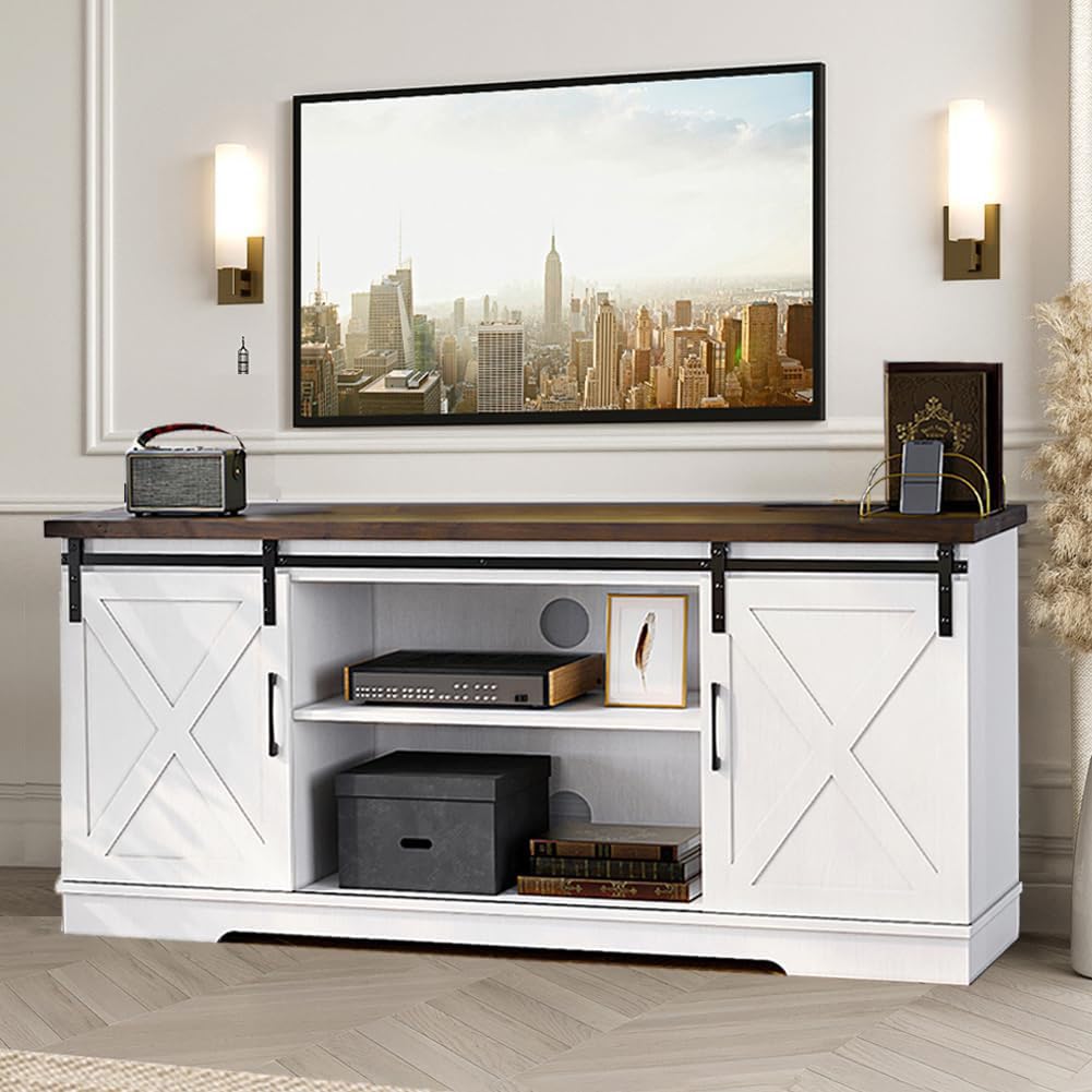 White Farmhouse TV Stand with Sliding Barn Doors and Adjustable Shelf C792498