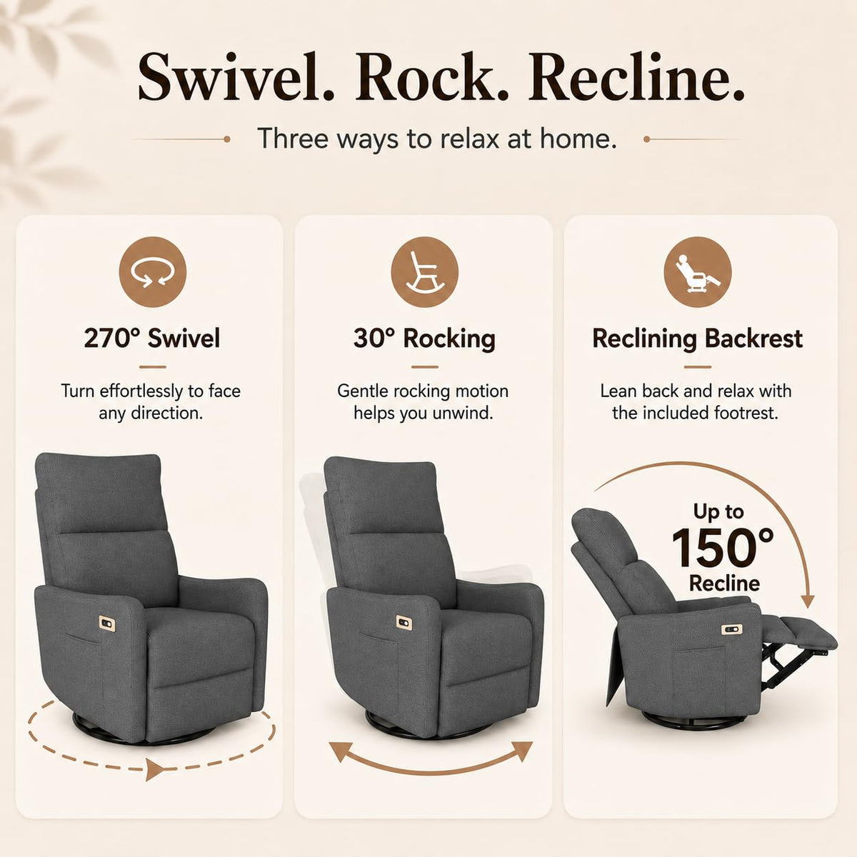 Dark Gray Swivel Rocker Recliner Chair F92038