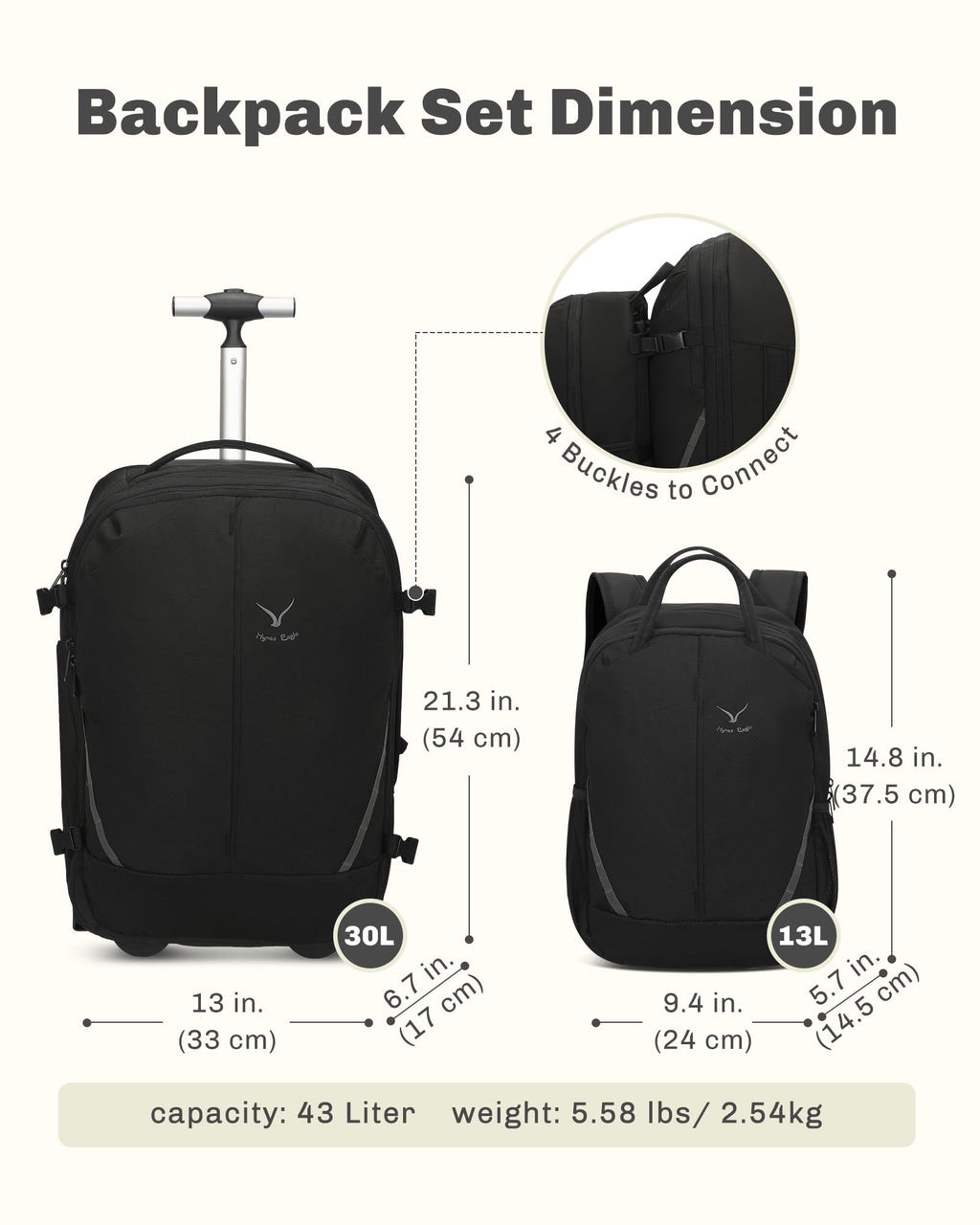 Rolling Backpack with Wheels 43L with Packing Cubes Set 6PC J485010
