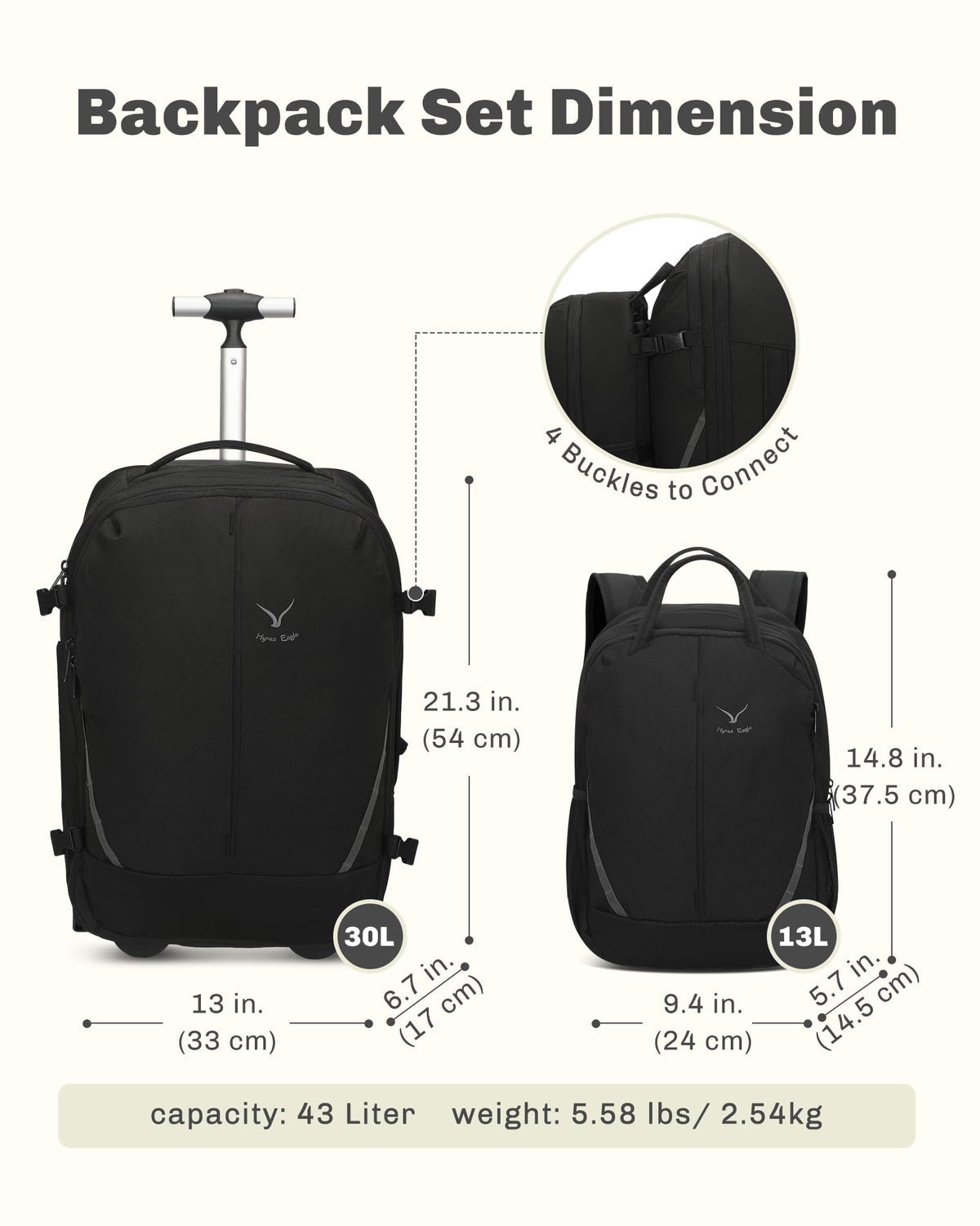 Rolling Backpack with Wheels 43L with Packing Cubes Set 6PC J485010