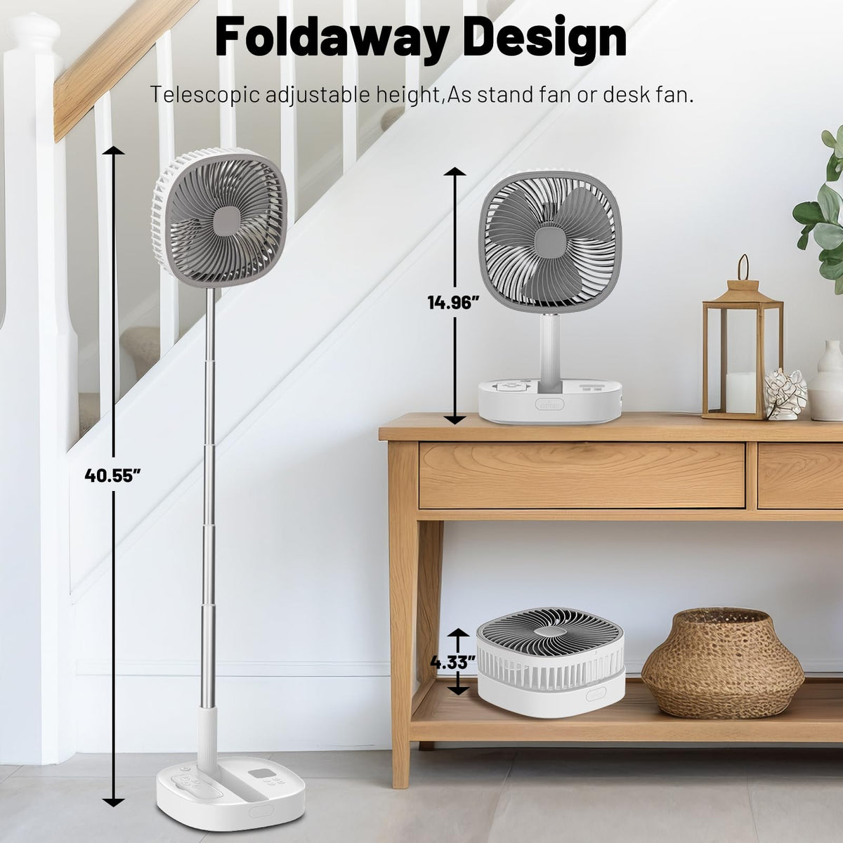 Portable Oscillating Pedestal Fan, 4 Speed 7200Mah Rechargeable Gray J6057