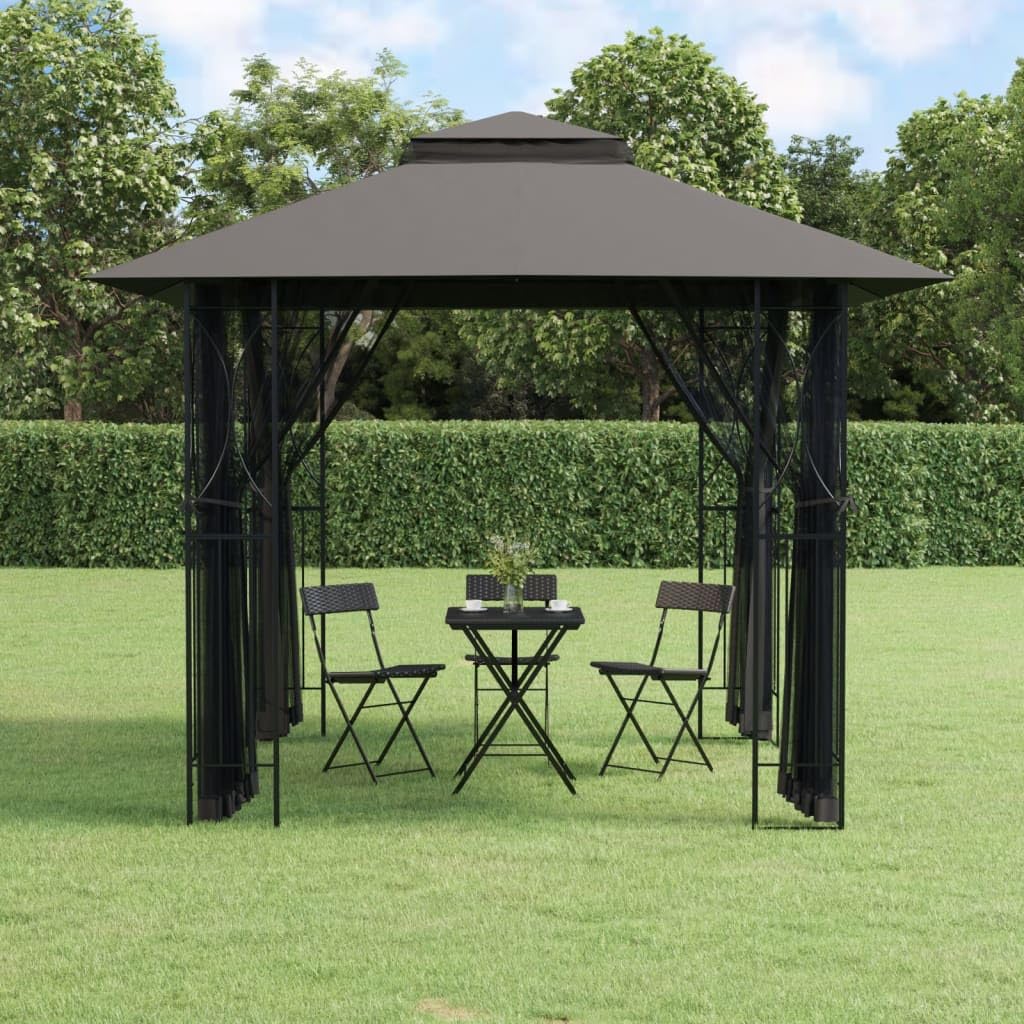 Steel Gazebo with Mesh Sidewalls Double-Tiered Roof V7059