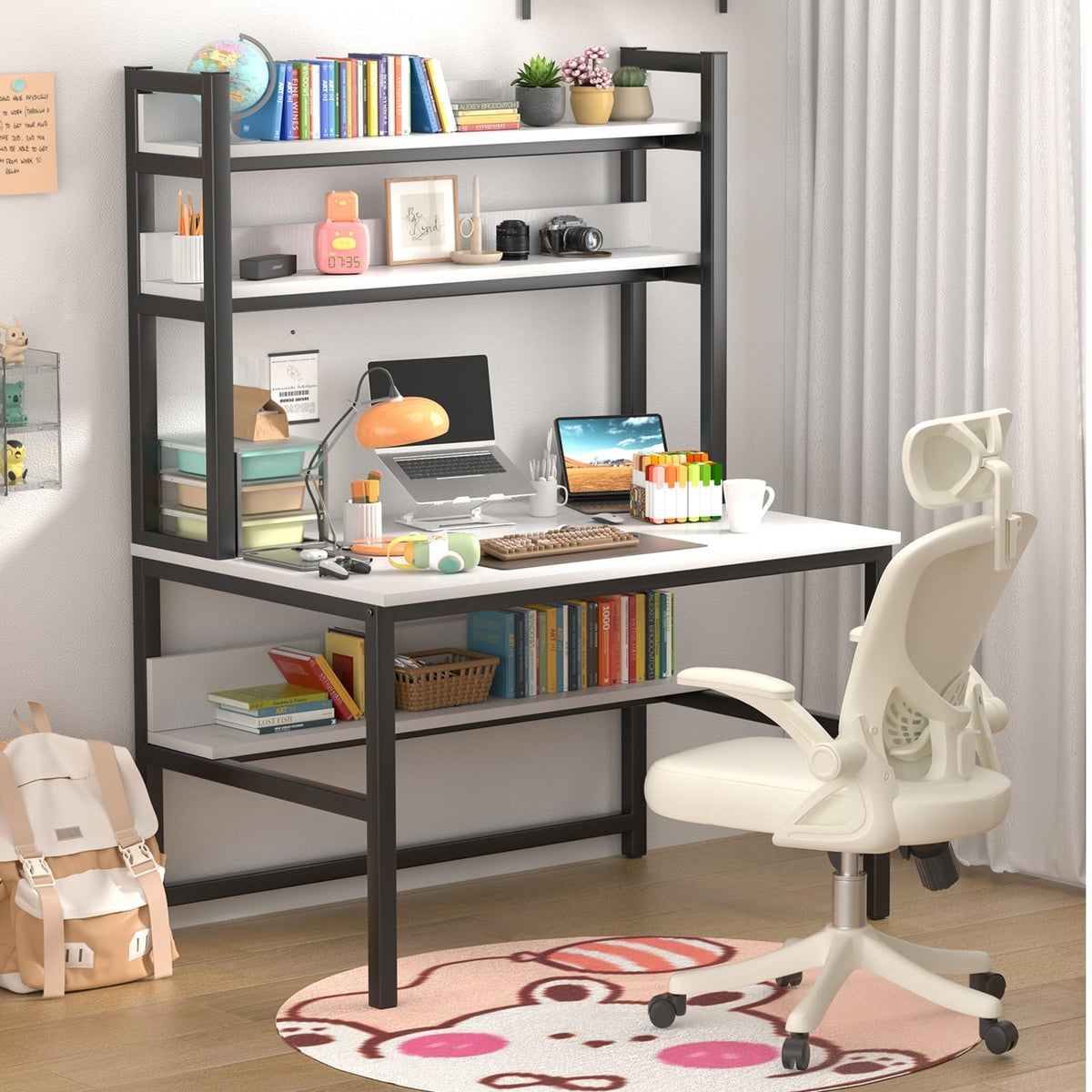 White Computer Desk with Hutch and Shelves H732