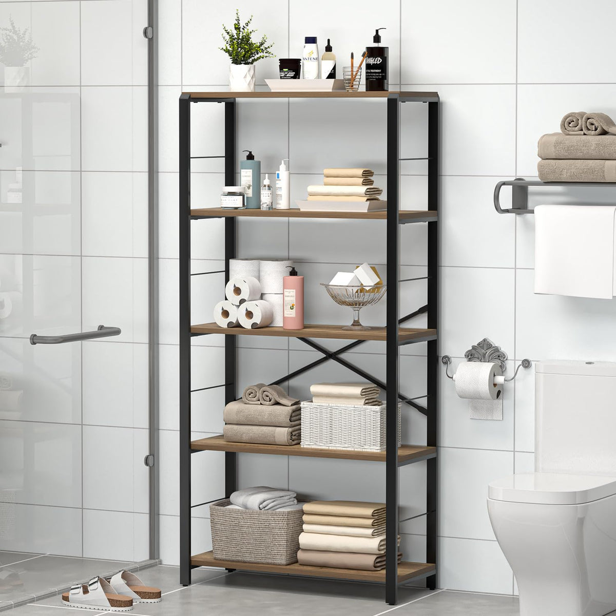 5 Tier Wood and Metal Bookshelf D873