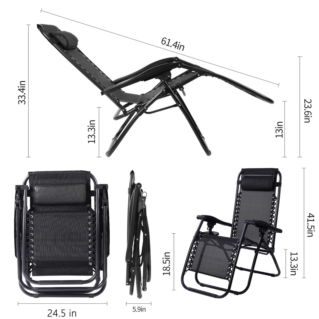 Black Adjustable Steel Mesh Zero Gravity Lounge Chair with Pillow and Cup Holder W676868