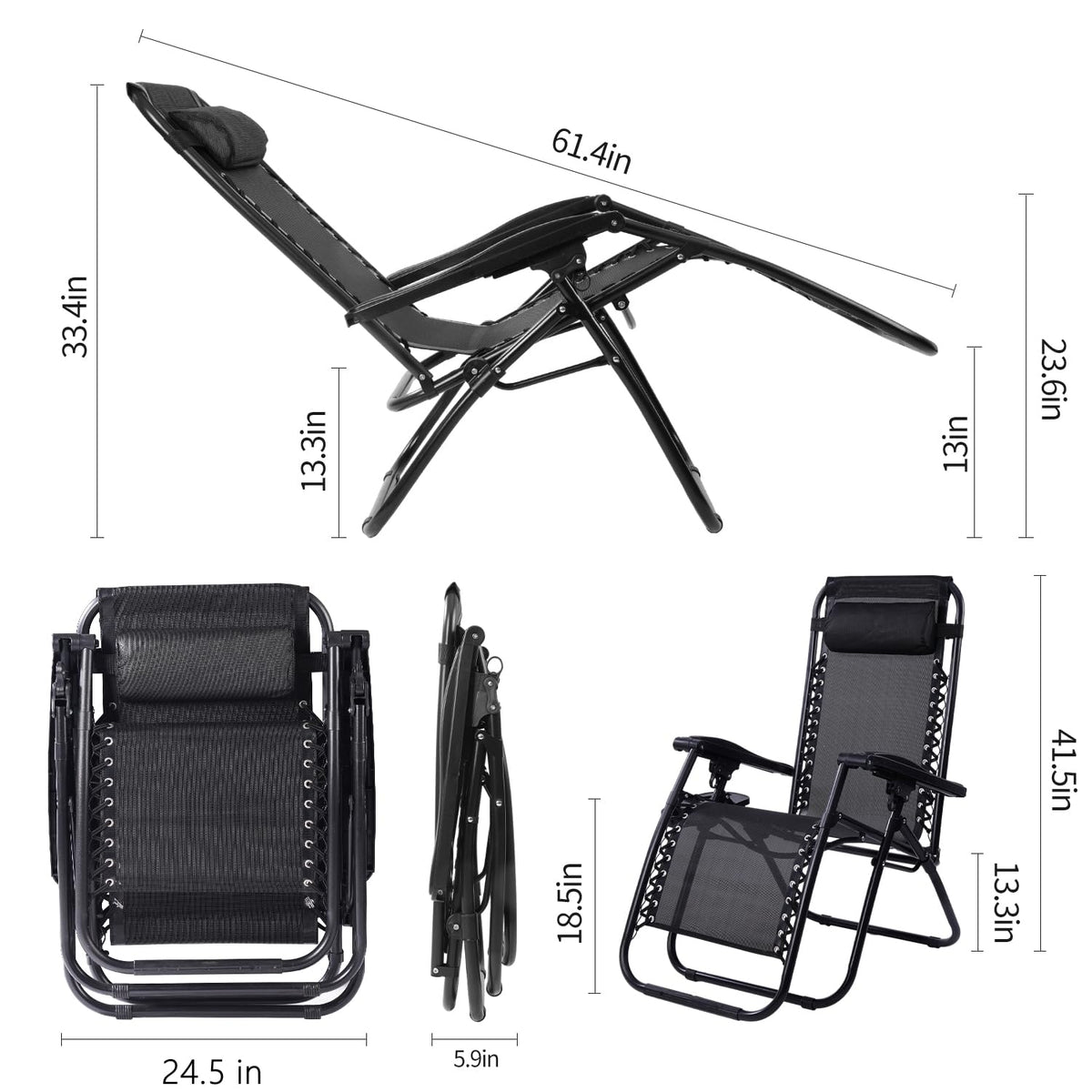 Black Adjustable Steel Mesh Zero Gravity Lounge Chair with Pillow and Cup Holder W676868