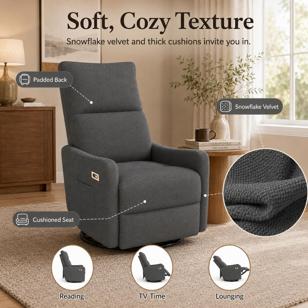 Dark Gray Swivel Rocker Recliner Chair F92038
