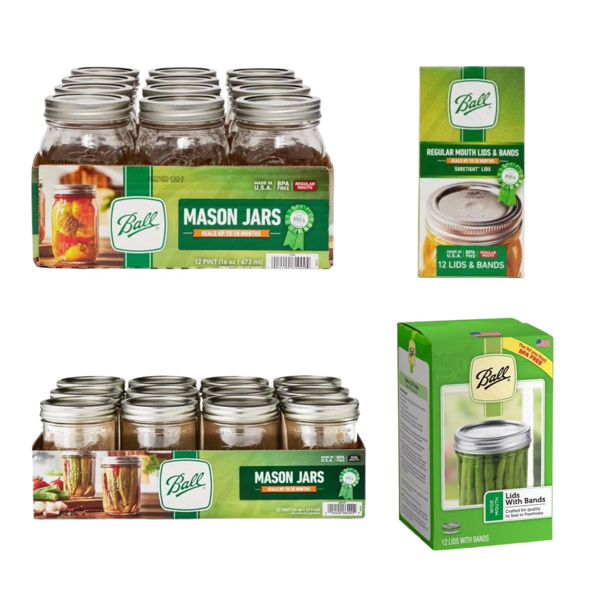 Glass Mason Jars, Pint Size 16 Ounce, Wide Mouth and Regular Mouth with Lids & Bands J20962