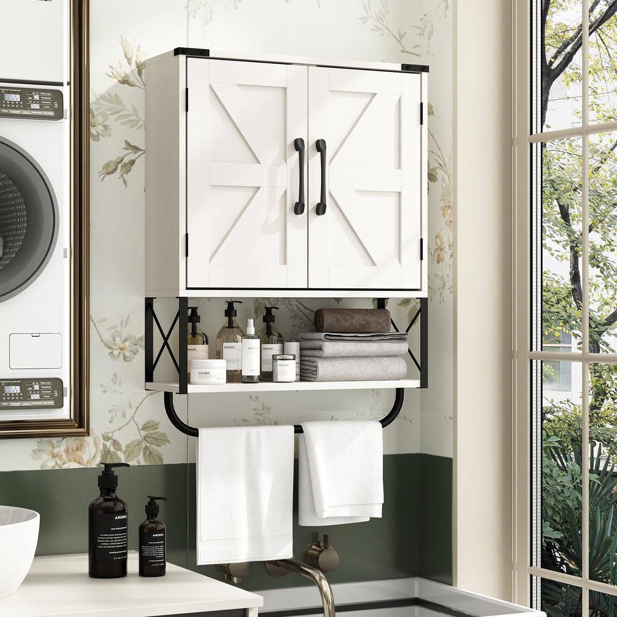Medicine Cabinet with 2 Barn Door & Towel Bar Rack U727