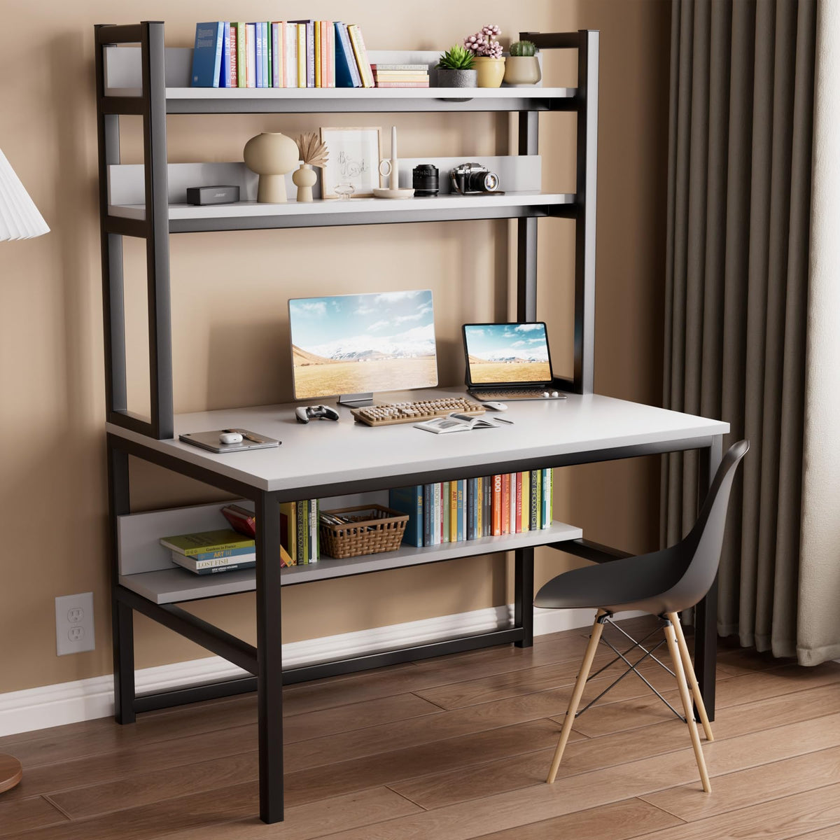 White Computer Desk with Hutch and Shelves H732