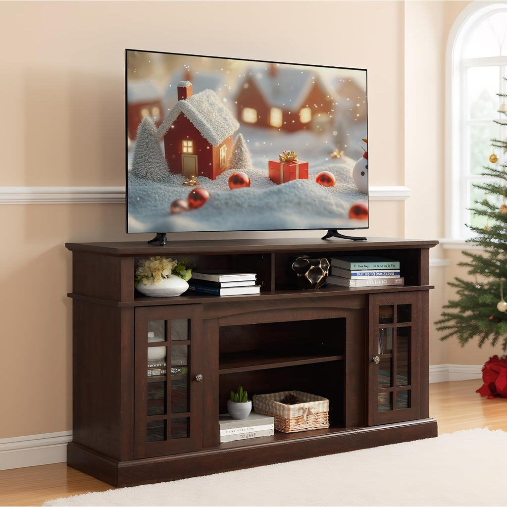 Espresso TV Stand with Glass Door and Open Shelves N8888