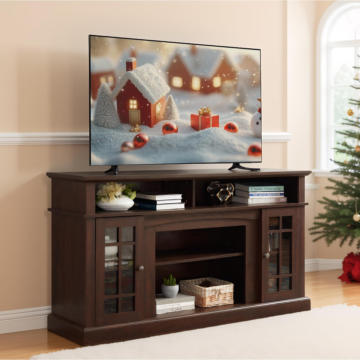 Espresso TV Stand with Glass Door and Open Shelves N8888