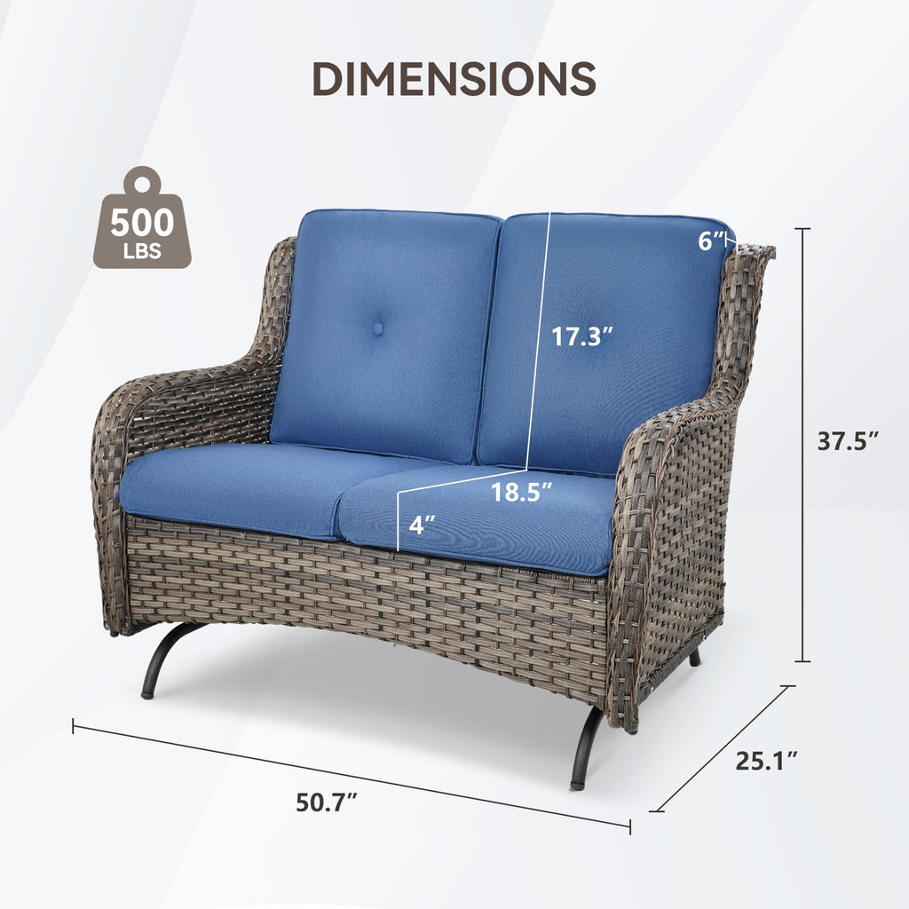 Grey Wicker Rattan Loveseat Glider with Blue Cushions Z58430