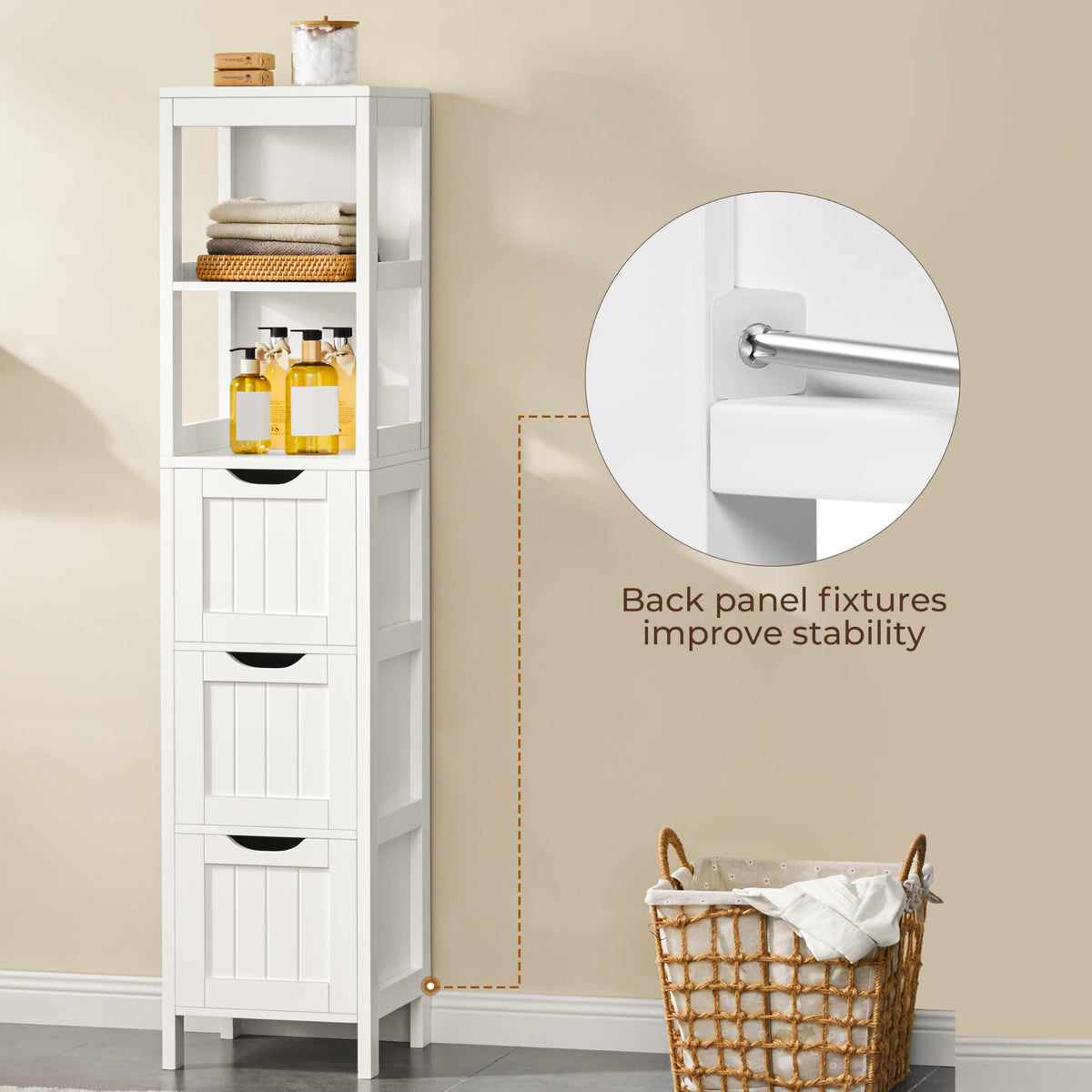 56" Tall Narrow White Bathroom Storage Cabinet with 3 Drawers D70302