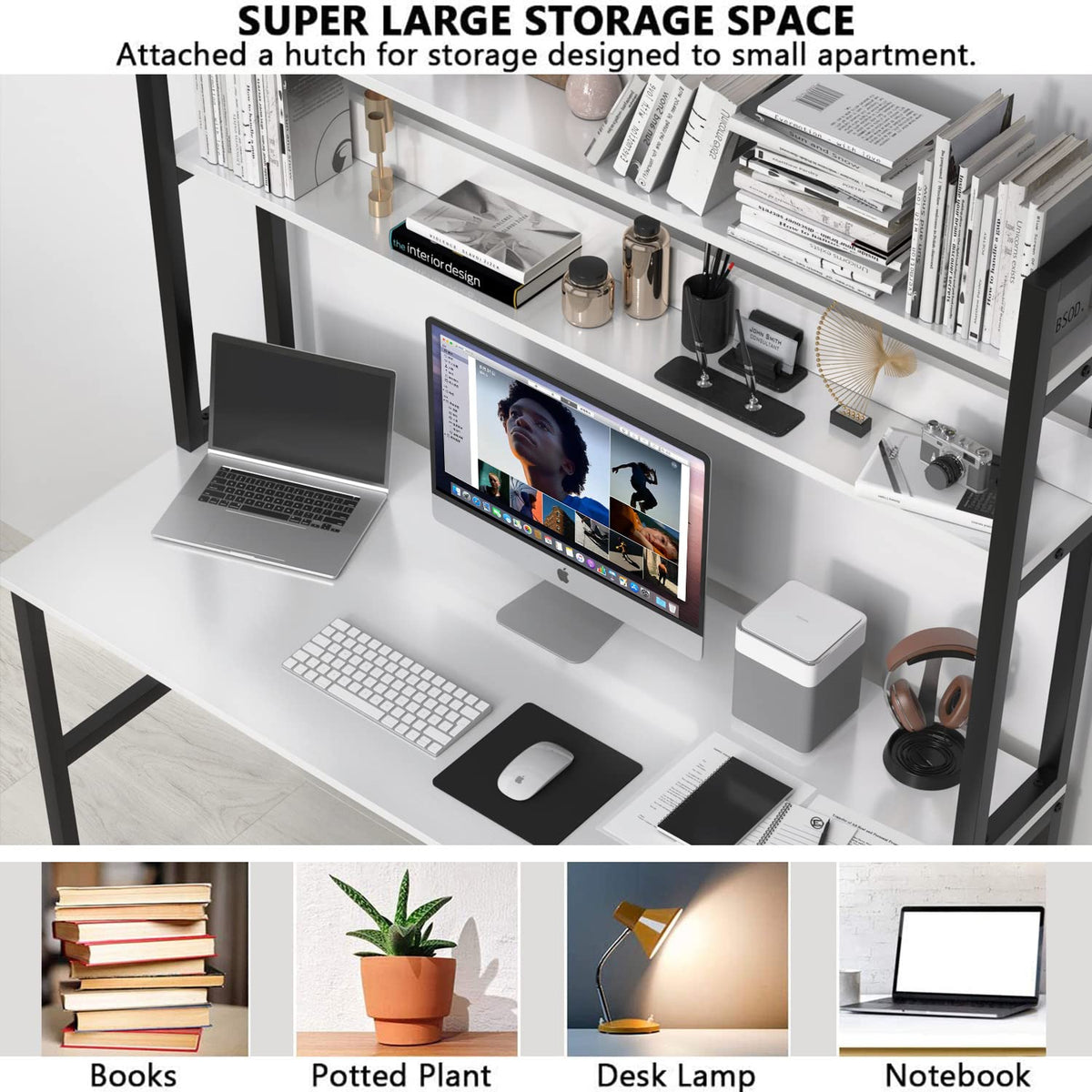 White Computer Desk with Hutch and Shelves H732
