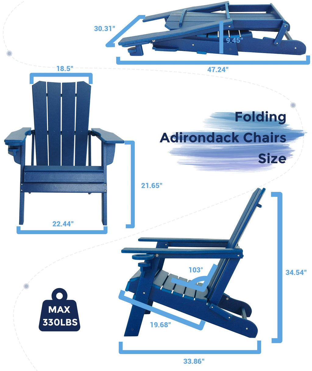 Oversized Folding HDPE Adirondack Chair with Cup Holder, Blue W3282