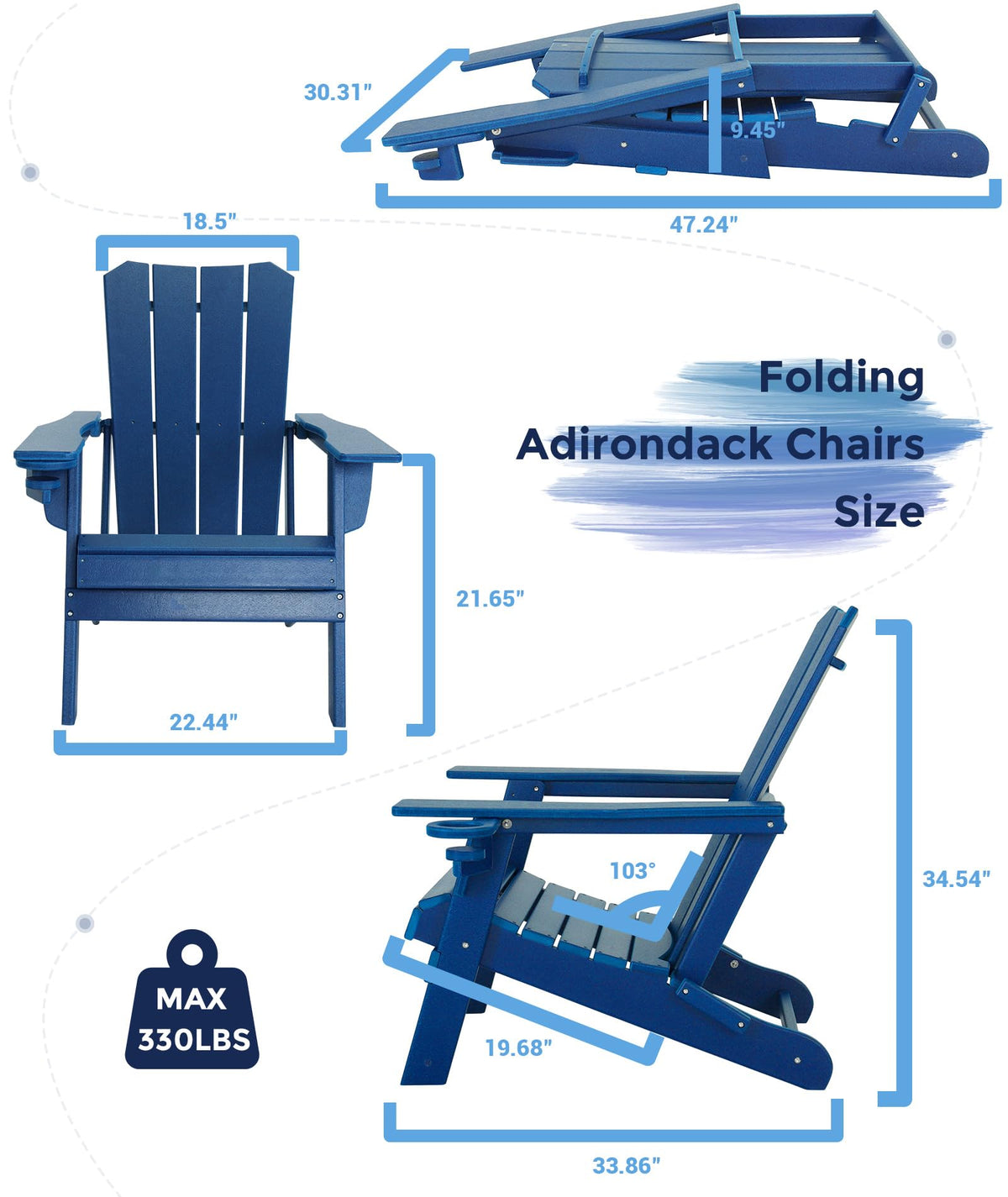 Oversized Folding HDPE Adirondack Chair with Cup Holder, Blue W3282