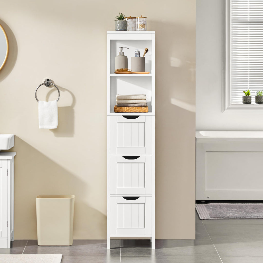 56" Tall Narrow White Bathroom Storage Cabinet with 3 Drawers D70302