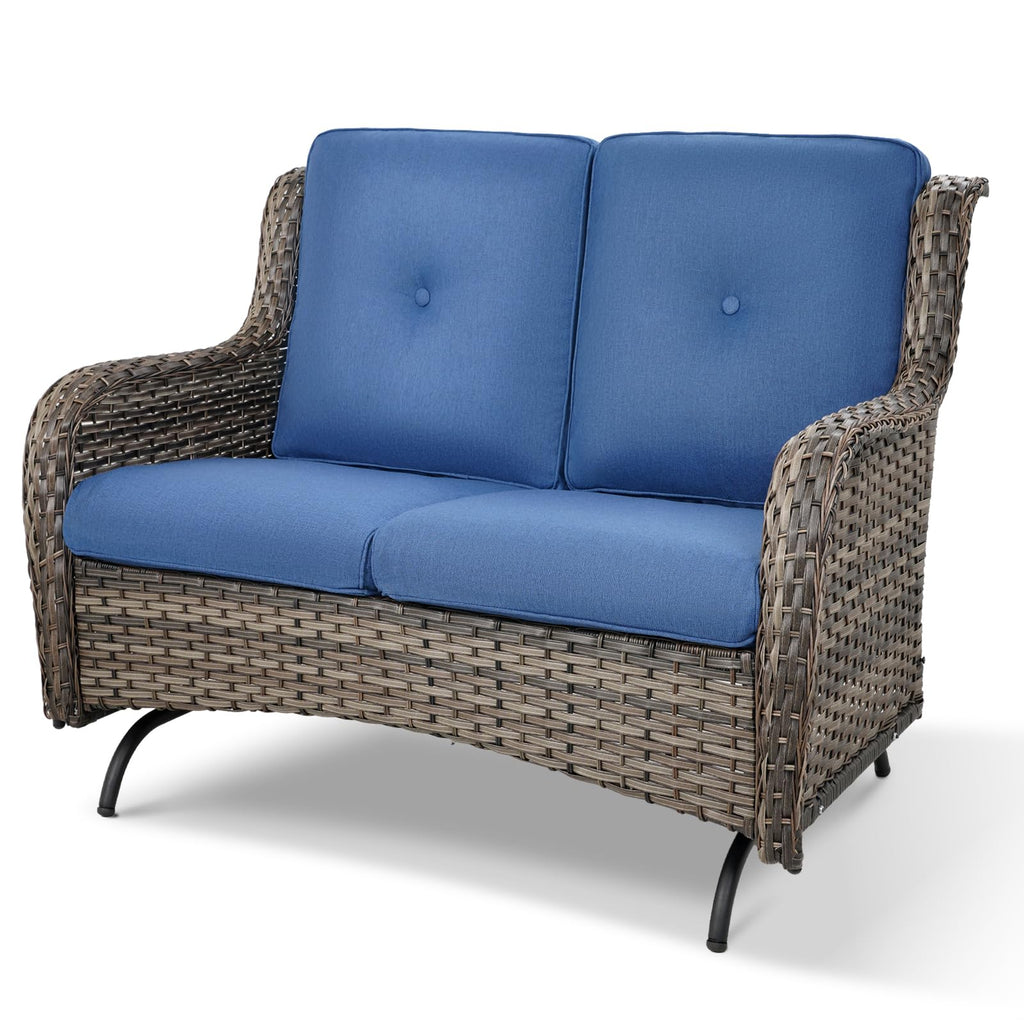 Grey Wicker Rattan Loveseat Glider with Blue Cushions Z58430