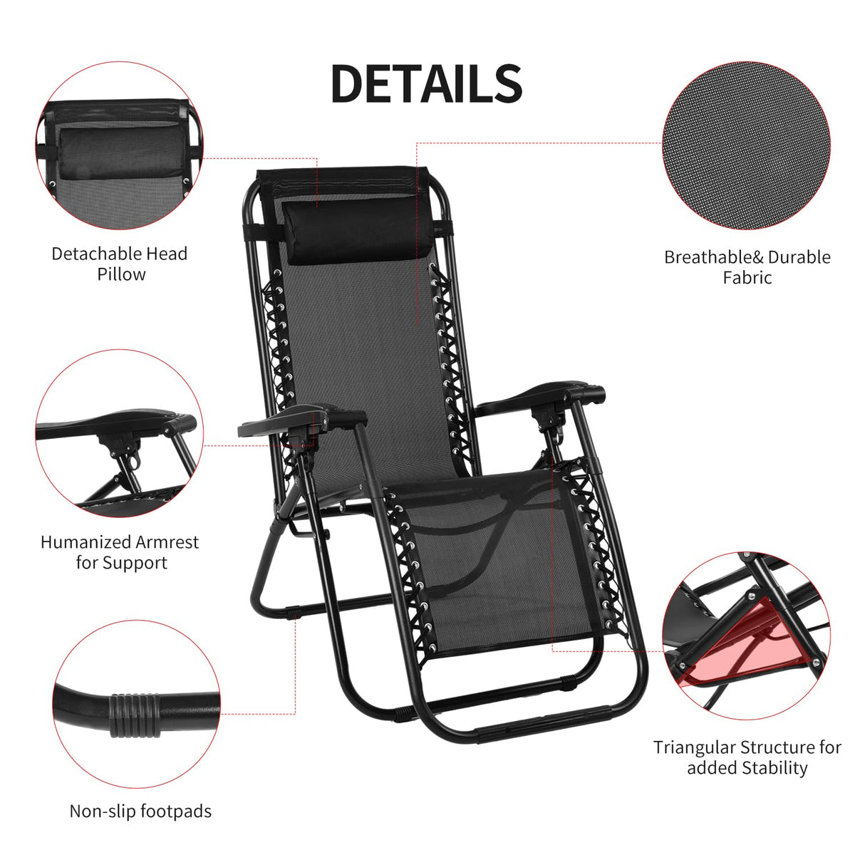 Black Adjustable Steel Mesh Zero Gravity Lounge Chair with Pillow and Cup Holder W676868