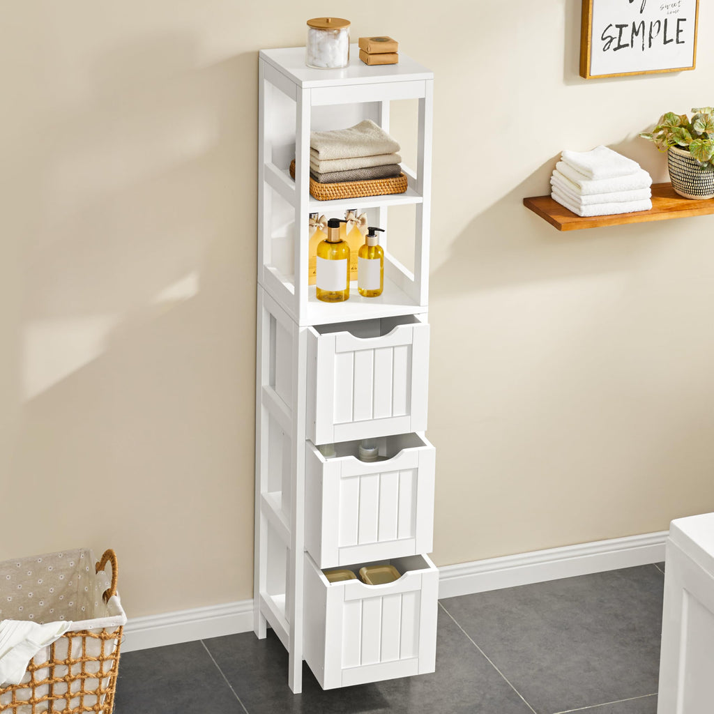 56" Tall Narrow White Bathroom Storage Cabinet with 3 Drawers D70302
