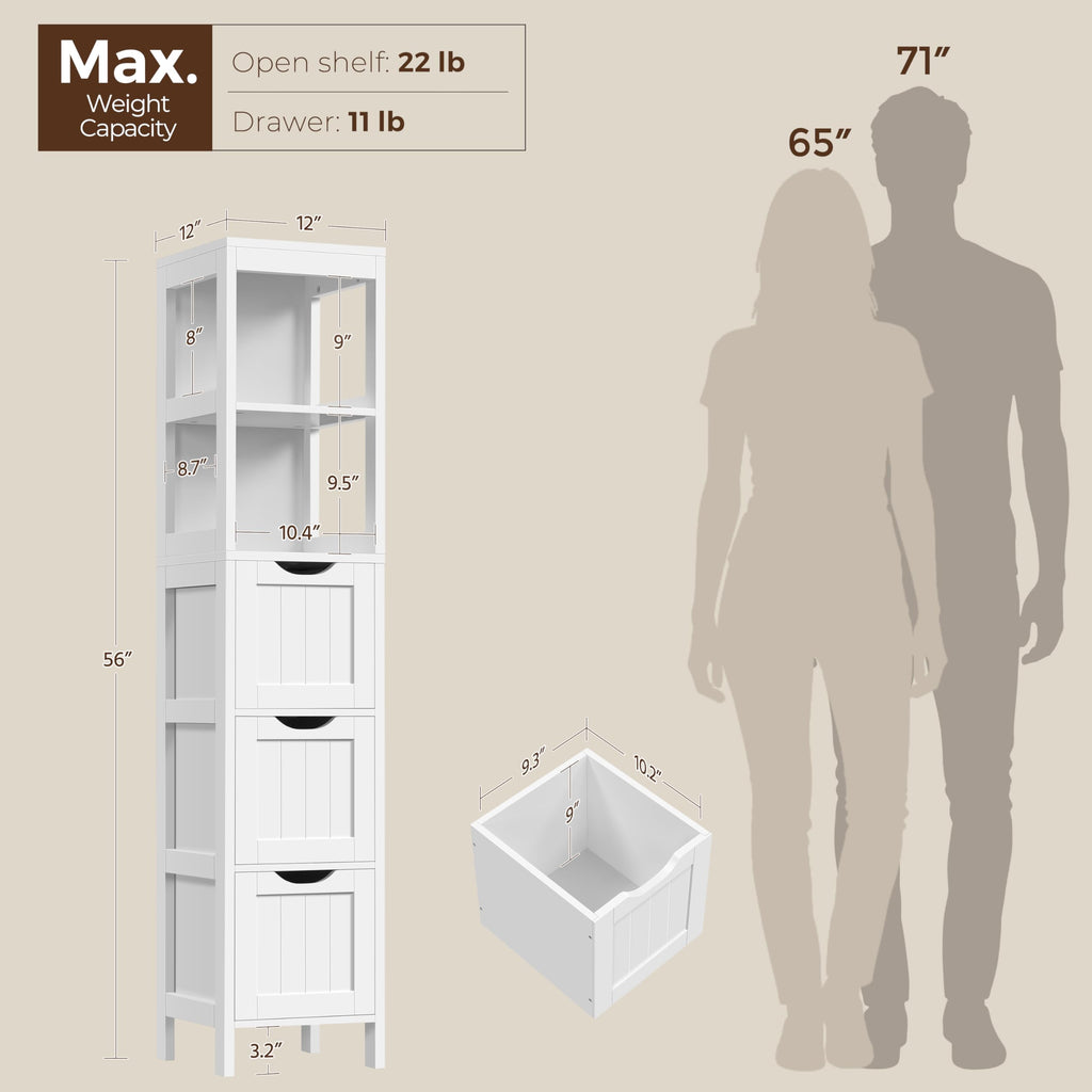 56" Tall Narrow White Bathroom Storage Cabinet with 3 Drawers D70302