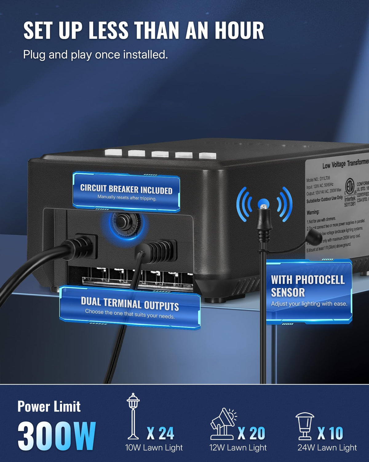 300W Low Voltage Landscape Transformer with Timer and Photocell Sensor P94783