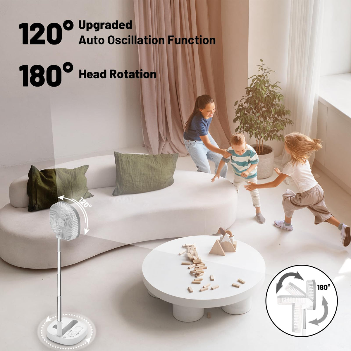 Portable Oscillating Pedestal Fan, 4 Speed 7200Mah Rechargeable Gray J6057