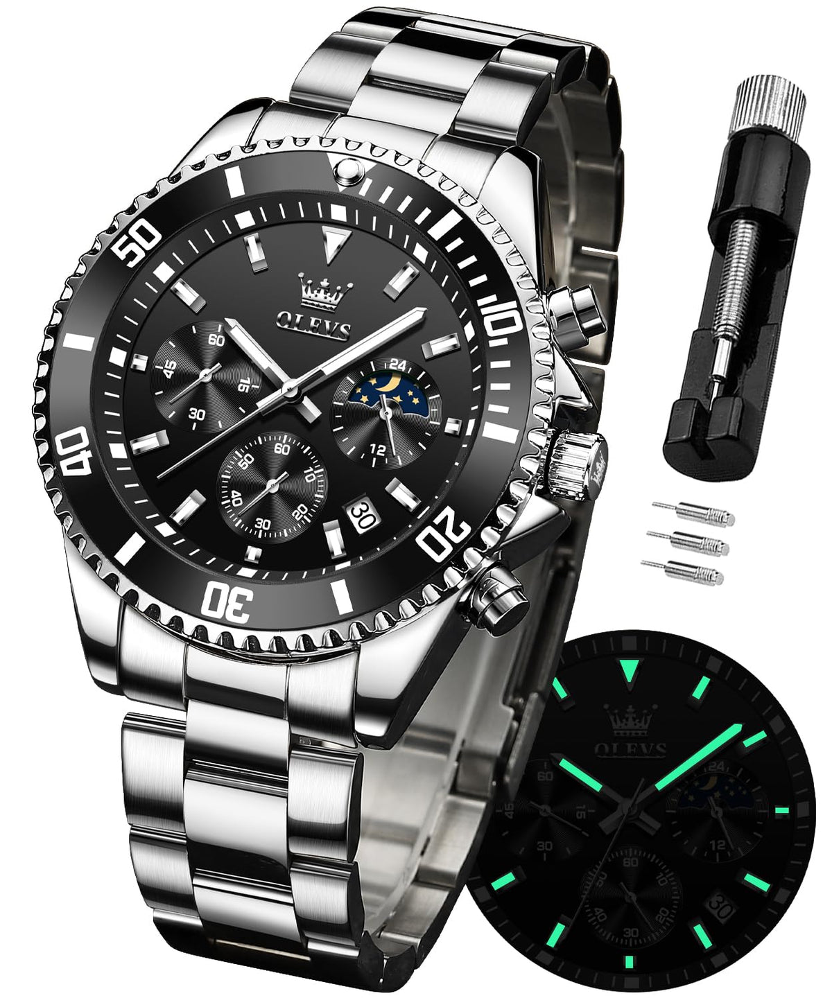 Stainless Steel Analog Quartz Chronograph Waterproof Luminous Watch U249