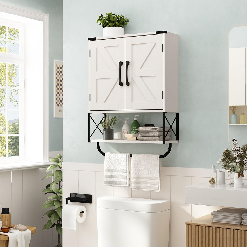 Medicine Cabinet with 2 Barn Door & Towel Bar Rack U727