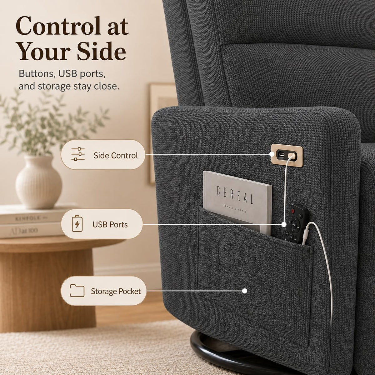 Dark Gray Swivel Rocker Recliner Chair F92038