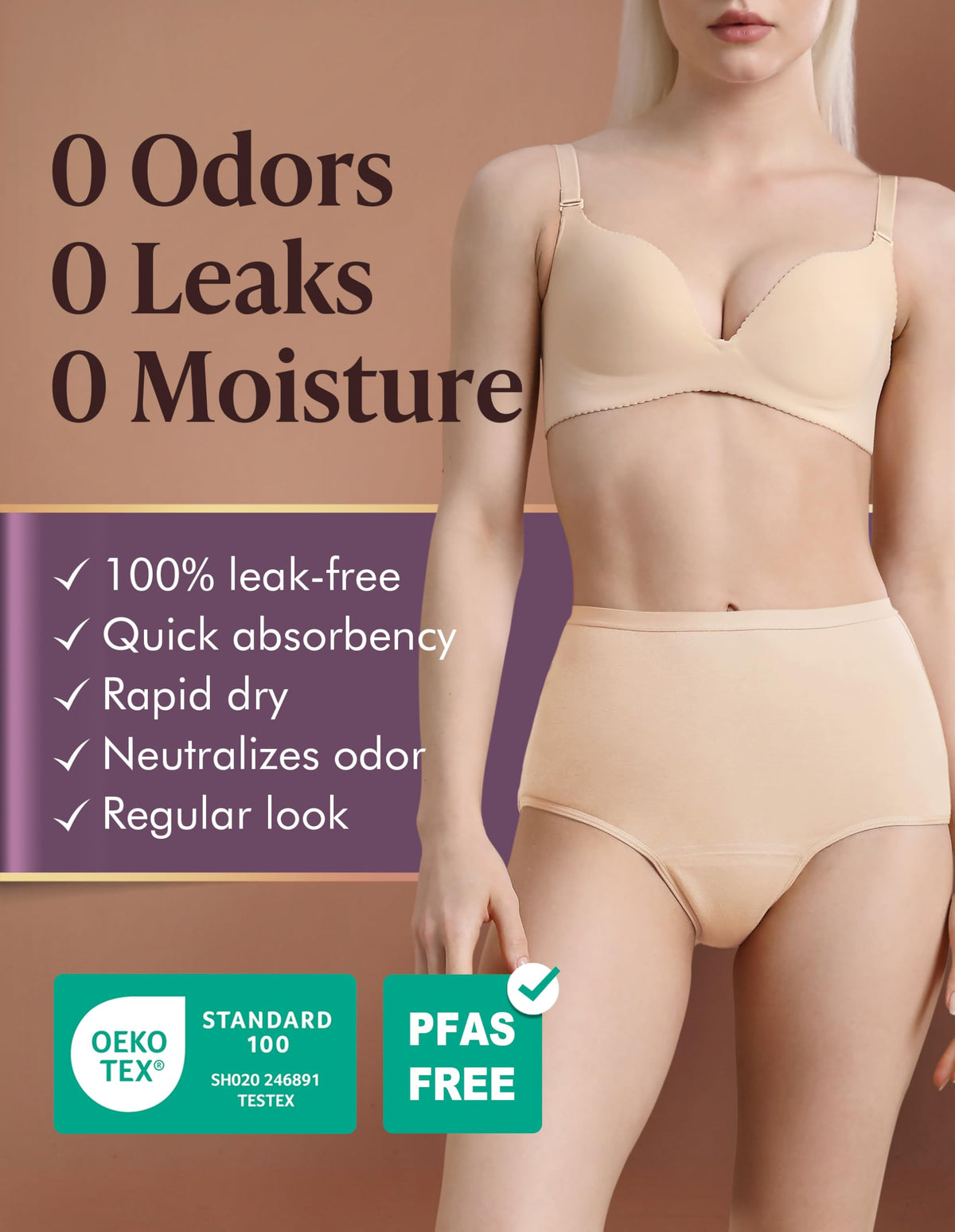 Washable Absorbency Urinary Incontinence Underwear for Women High Waist Leak Proof Panties 60ML, 3 Pack Beige White G548