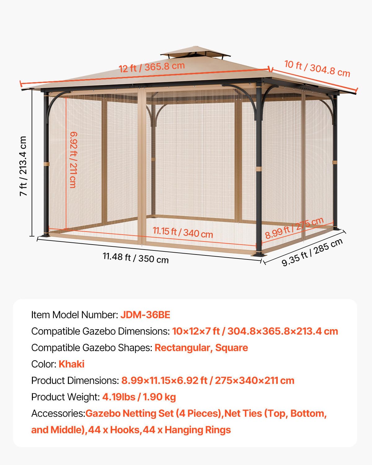 10 x 12 x 7 FT Gazebo Netting Replacement 4-Panel Sidewall Mesh Net O207