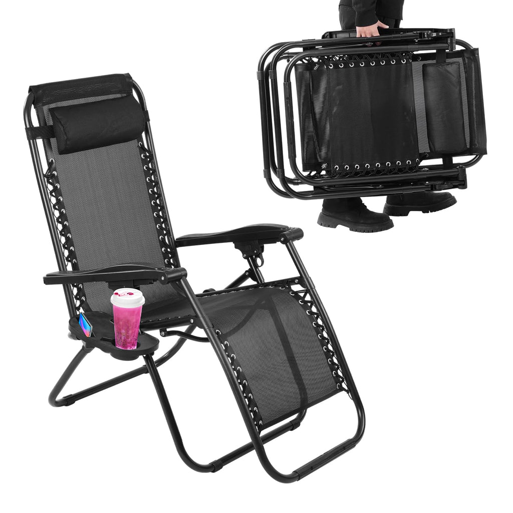 Black Adjustable Steel Mesh Zero Gravity Lounge Chair with Pillow and Cup Holder W676868