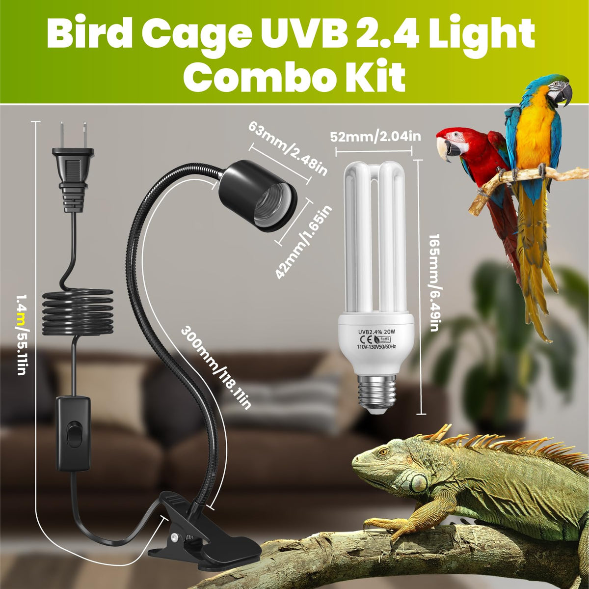 Bird Cage Lighting Combo Kit, Clip Lamp with UVB 2.4 20W Compact Fluorescent Bulb X42880
