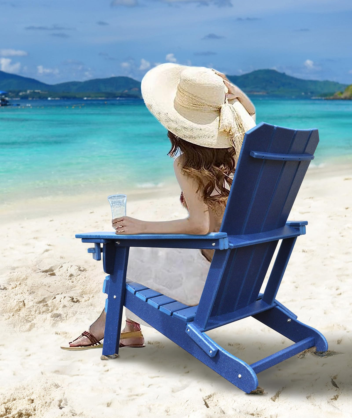 Oversized Folding HDPE Adirondack Chair with Cup Holder, Blue W3282