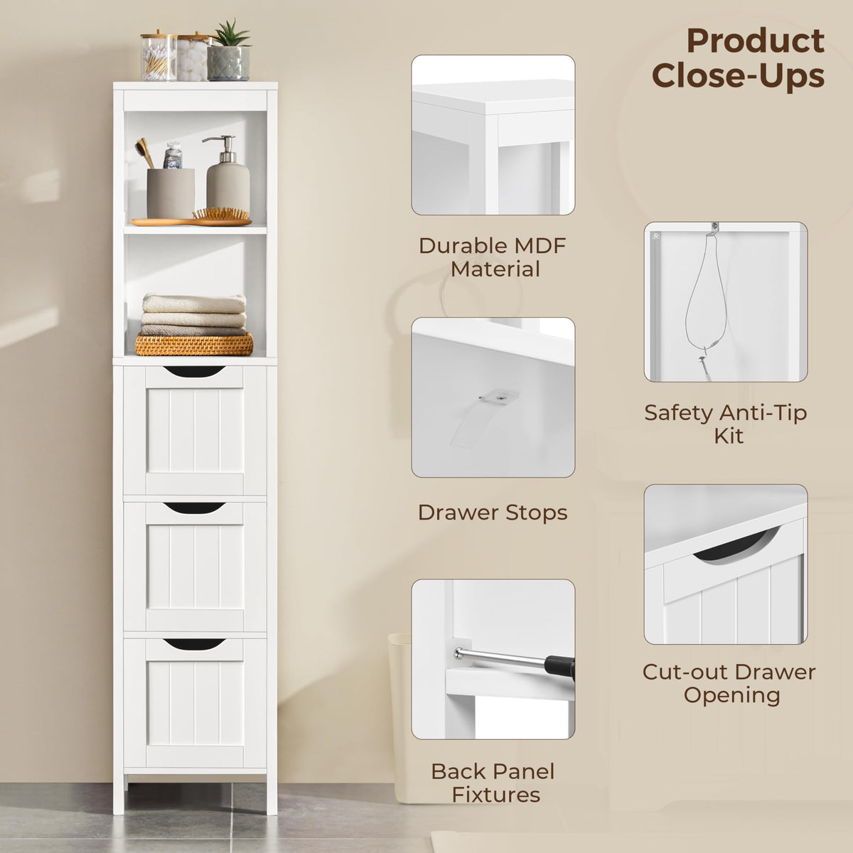 56" Tall Narrow White Bathroom Storage Cabinet with 3 Drawers D70302
