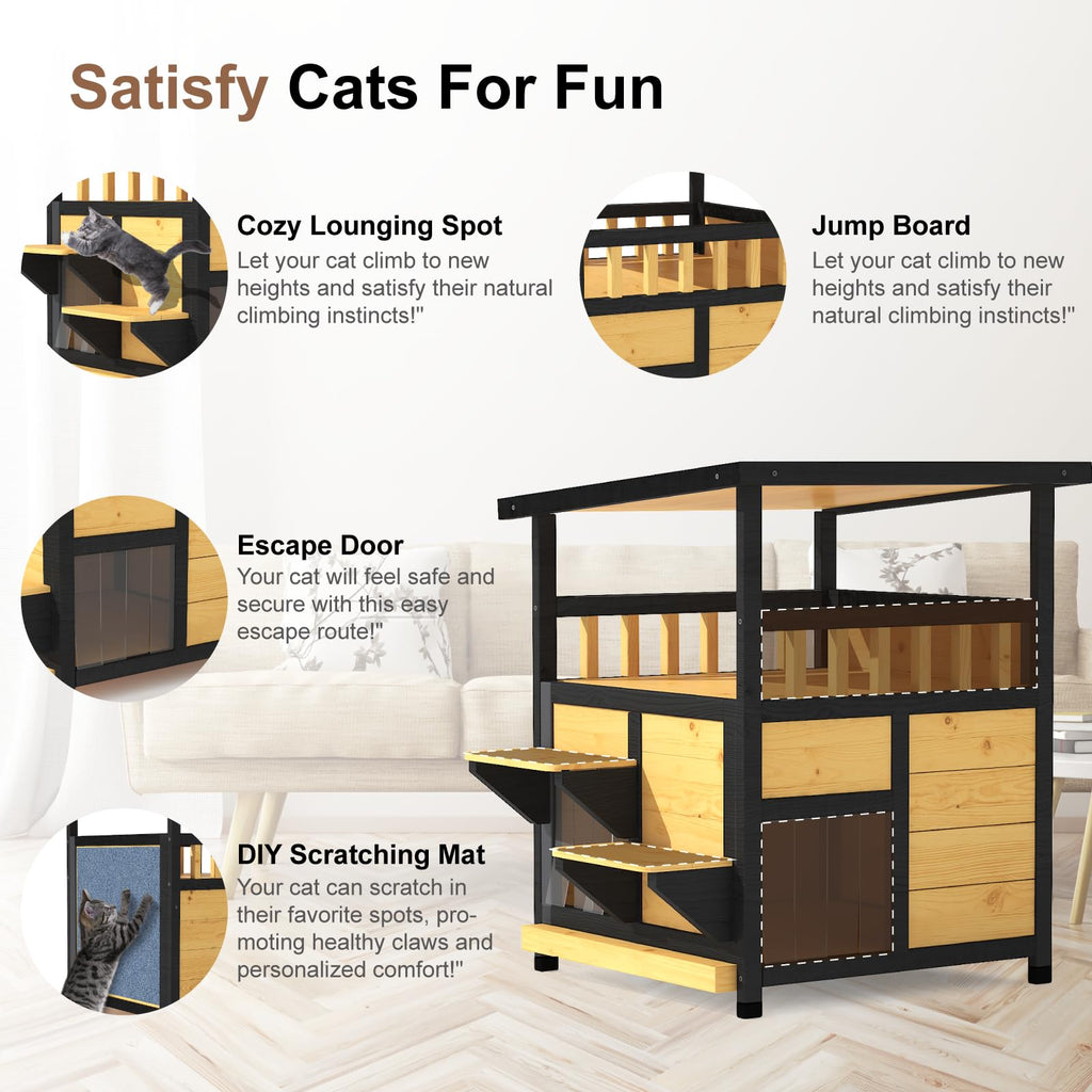 Weatherproof Two Story Outdoor Cat House with Escape Door Z100382