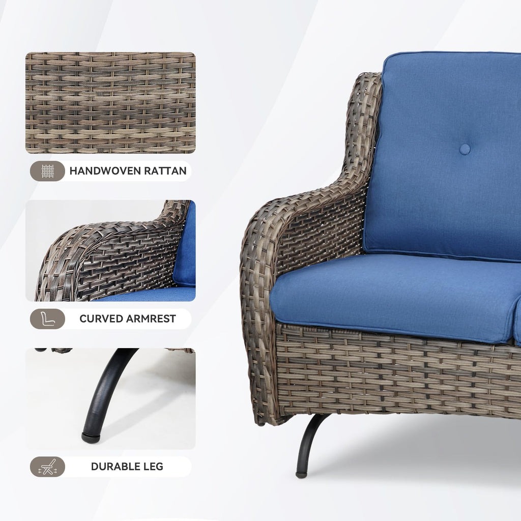 Grey Wicker Rattan Loveseat Glider with Blue Cushions Z58430