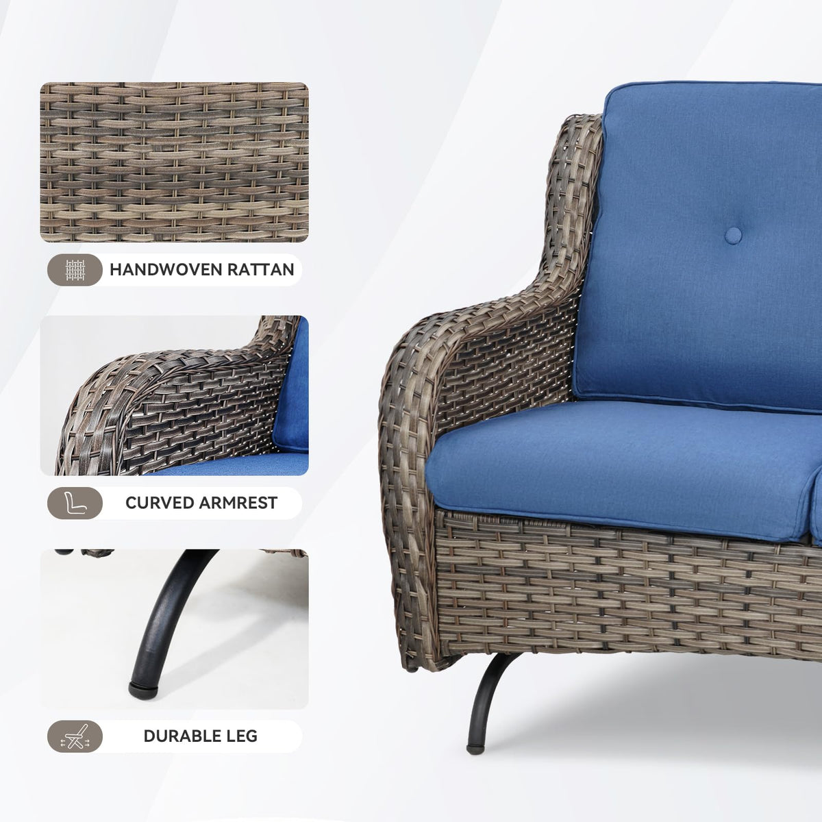Grey Wicker Rattan Loveseat Glider with Blue Cushions Z58430