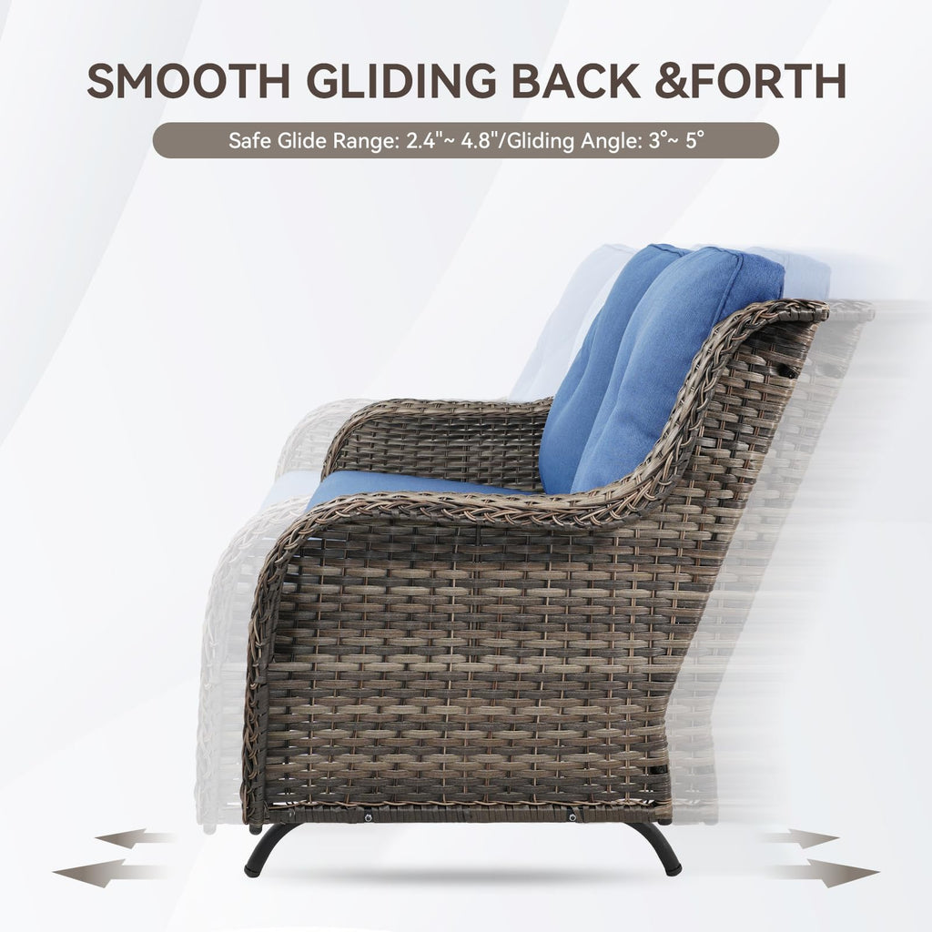Grey Wicker Rattan Loveseat Glider with Blue Cushions Z58430