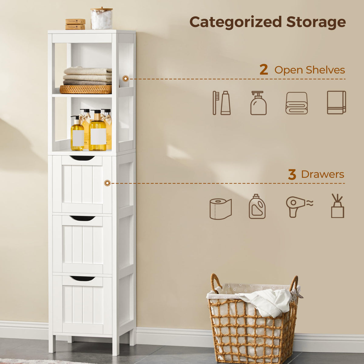56" Tall Narrow White Bathroom Storage Cabinet with 3 Drawers D70302