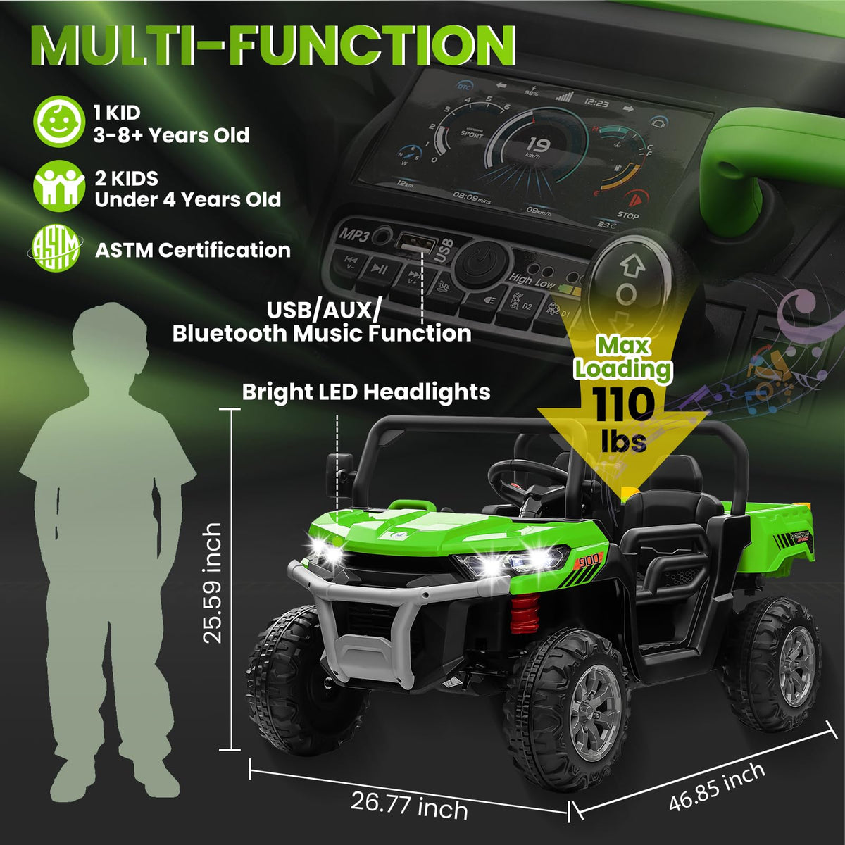 24V 4WD Ride on Truck Car with Dump Bed, 2 Seaters, Remote Control, Green W1992