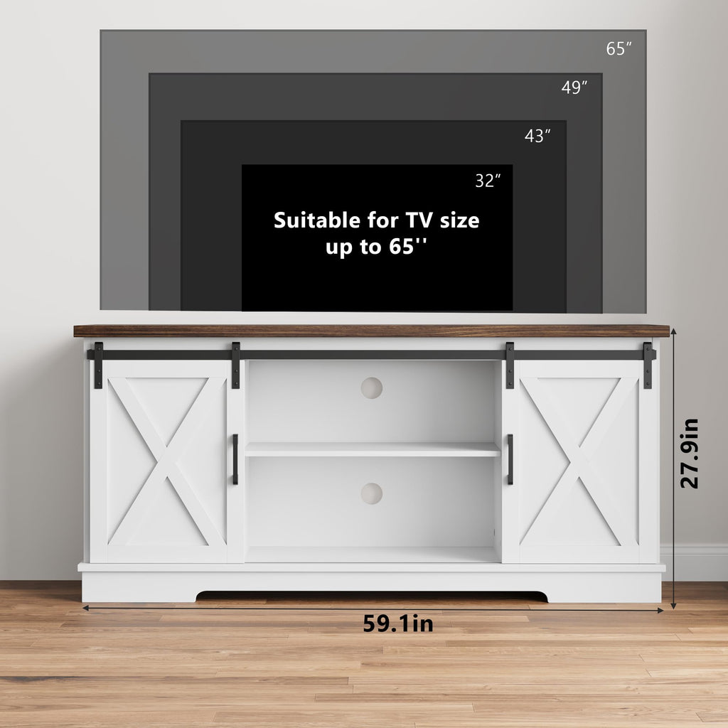 White Farmhouse TV Stand with Sliding Barn Doors and Adjustable Shelf C792498