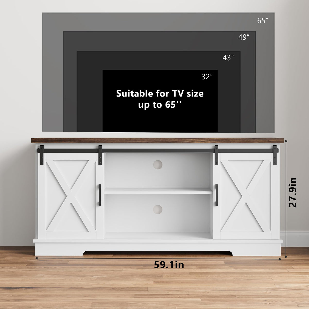 White Farmhouse TV Stand with Sliding Barn Doors and Adjustable Shelf C792498